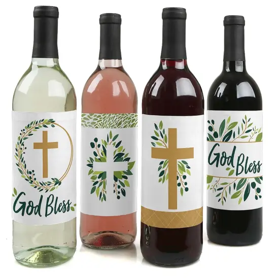 Big Dot of Happiness Elegant Cross - Religious Party Decorations for Women and Men - Wine Bottle Label Stickers - Set of 4 {1}