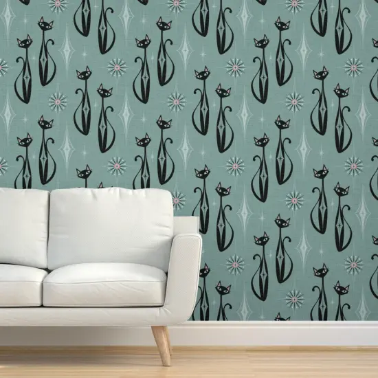Pre-Pasted Wallpaper 2FT Wide Retro 1950S Cats Mid Century Modern Vintage Inspired Atomic Age Faux Textured Look Custom Pre-pasted Wallpaper by Spoonflower {5}
