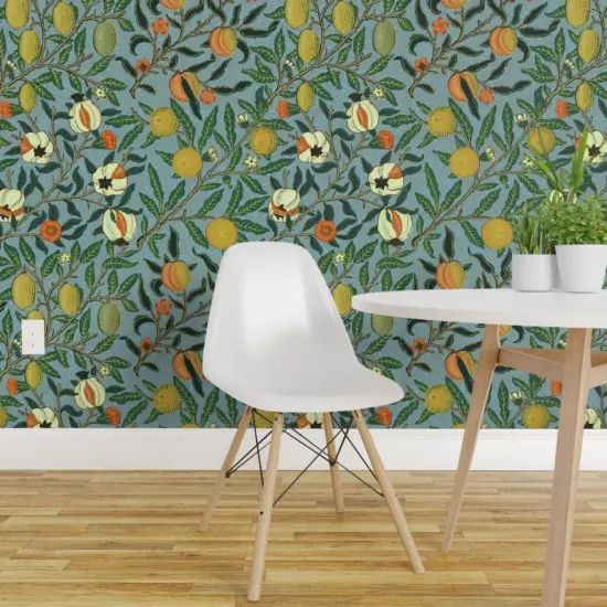 Pre-Pasted Wallpaper 2FT Wide Victorian Fruit Antique Trees Oranges Pomegranate Morris Inspired Custom Pre-pasted Wallpaper by Spoonflower {1}