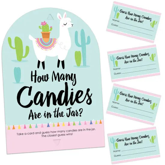 Big Dot of Happiness Whole Llama Fun - How Many Candies Llama Fiesta Baby Shower or Birthday Party Game - 1 Stand and 40 Cards - Candy Guessing Game {1}