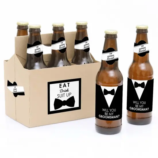 Big Dot of Happiness Suit Up - Will You Be My Groomsman Decorations for Men - 6 Beer Bottle Label Stickers and 1 Carrier {1}