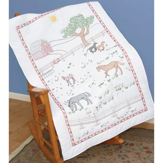 Jack Dempsey Stamped White Lap Quilt Top 40"X60"-Field Of Horses {1}