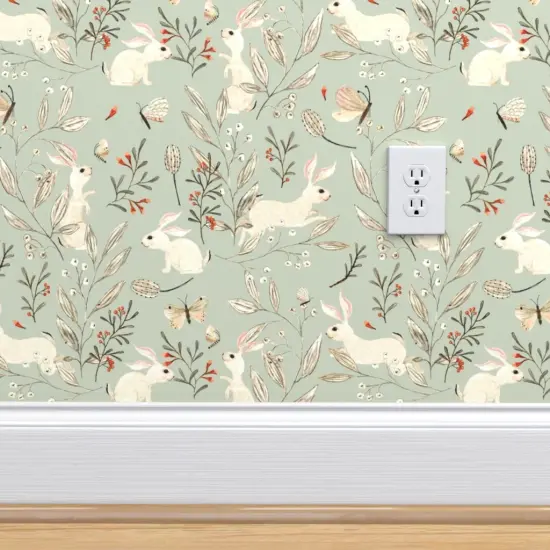 Pre-Pasted Wallpaper 2FT Wide Whimsical Bunnies Easter Bunny Woodland Animals Forest Butterflies Sage Green Custom Pre-pasted Wallpaper by Spoonflower {4}