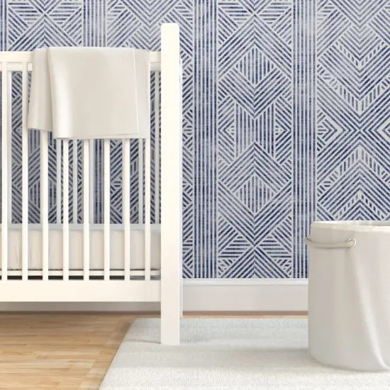 Pre-Pasted Wallpaper 2FT Wide Blue Geometric Line Diamond Wax Stripes Boho Chic Coastal Custom Pre-pasted Wallpaper by Spoonflower {7}