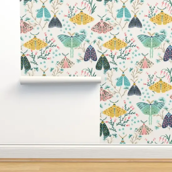Peel & Stick Wallpaper 2FT Wide Hand Painted Moths Gouache Butterflies Blush Pink Blue Navy Yellow Insect Wings Garden Flowers Pastel Custom Removable Wallpaper by Spoonflower {2}