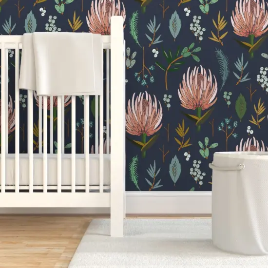 Pre-Pasted Wallpaper 2FT Wide Natural Botanical Blush Pink Floral Study Dark Blue Flower Nature Leaf Custom Pre-pasted Wallpaper by Spoonflower {3}