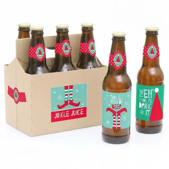 Big Dot of Happiness Elf Squad - Elf Christmas Decorations for Women and Men - 6 Beer Bottle Label Stickers and 1 Carrier {1}