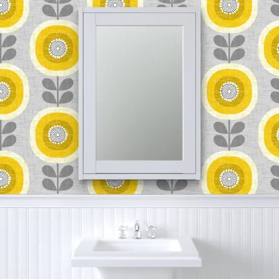 Peel & Stick Wallpaper 2FT Wide Mid Century Floral Scandi Style Faux Woven Texture Gray Yellow Sunflowers Custom Removable Wallpaper by Spoonflower {6}