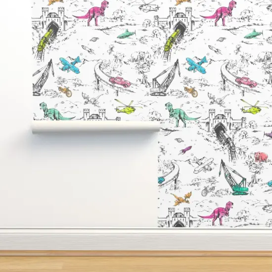 Peel & Stick Wallpaper 2FT Wide Adventure Toile Pop Dinosaurs Cars Planes Bears Trains Space Fantasy Kids Custom Removable Wallpaper by Spoonflower {2}