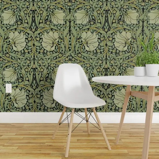 Peel & Stick Wallpaper 2FT Wide Victorian Floral Vintage Style Morris Inspired Damask Pimpernel Flowers Sage Black Custom Removable Wallpaper by Spoonflower {1}