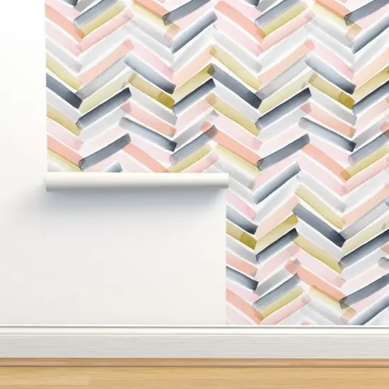 Pre-Pasted Wallpaper 2FT Wide Chevron Blush Navy Pink Stripe Gray Mustard Modern Watercolor Herringbone Geometric Custom Pre-pasted Wallpaper by Spoonflower {2}