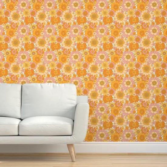 Peel & Stick Wallpaper 2FT Wide 1970S Floral Orange Retro Flowers Vintage Boho 1960S Flower Power Bright Sunny Groovy Custom Removable Wallpaper by Spoonflower {5}
