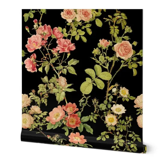 Pre-Pasted Wallpaper 2FT Wide Moody Floral Rose Flower Vintage Victorian Black English Dark Custom Pre-pasted Wallpaper by Spoonflower {4}