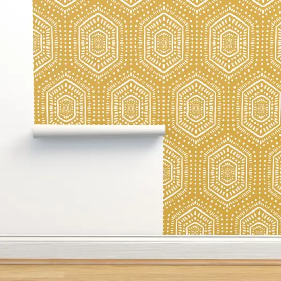 Peel & Stick Wallpaper 2FT Wide Bohemian Mudcloth Hexagon Geometric Sunflower Yellow Textured Look Custom Removable Wallpaper by Spoonflower {2}