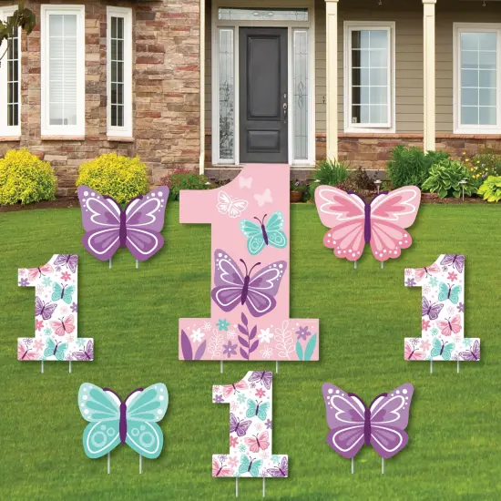 Big Dot of Happiness 1st Birthday Beautiful Butterfly - Yard Sign and Outdoor Lawn Decorations - Floral First Birthday Party Yard Signs - Set of 8 {1}