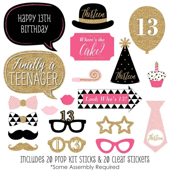 Big Dot of Happiness Chic 13th Birthday - Pink, Black and Gold - Photo Booth Props Kit - 20 Count {3}