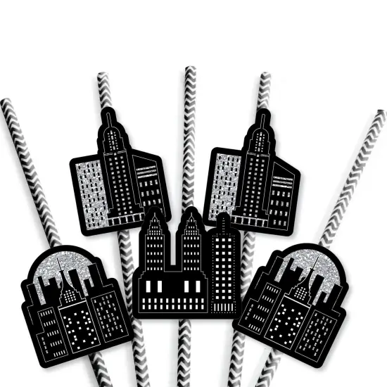 Big Dot of Happiness Nighttime City Skyline - Paper Straw Decor - New York Party Striped Decorative Straws - Set of 24 {7}