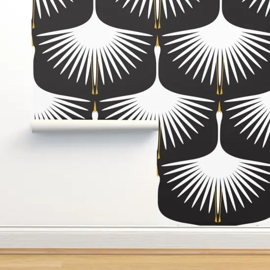 Peel & Stick Wallpaper 2FT Wide Art Deco Crane White Black Bird Geometric Feather Elegant Swan Custom Removable Wallpaper by Spoonflower {2}