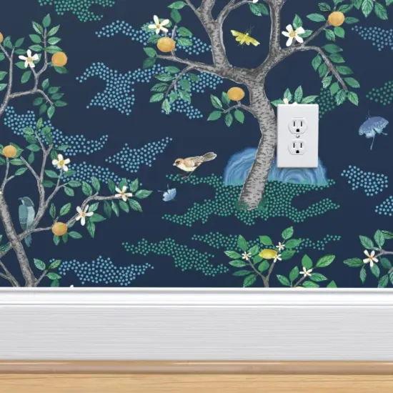 Pre-Pasted Wallpaper 2FT Wide Orchard Toile Green Blue Birds Tree Large Scale Oranges Lemons Toile Chinoiserie Scenic Fruit Citrus Grove Custom Pre-pasted Wallpaper by Spoonflower {4}