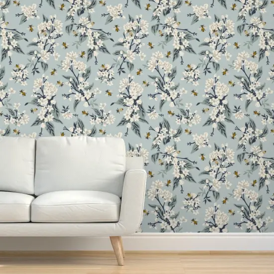 Peel & Stick Wallpaper 2FT Wide Vintage Inspired Modern Farmhouse Painted Honeybee White Floral Botanical Pastel Blue Custom Removable Wallpaper by Spoonflower {5}