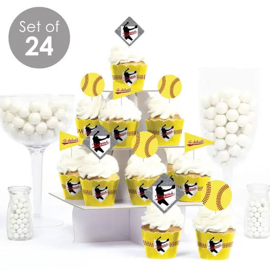 Big Dot of Happiness Grand Slam - Fastpitch Softball - Cupcake Decor - Birthday Party or Baby Shower Cupcake Wrappers and Treat Picks Kit - Set of 24 {3}
