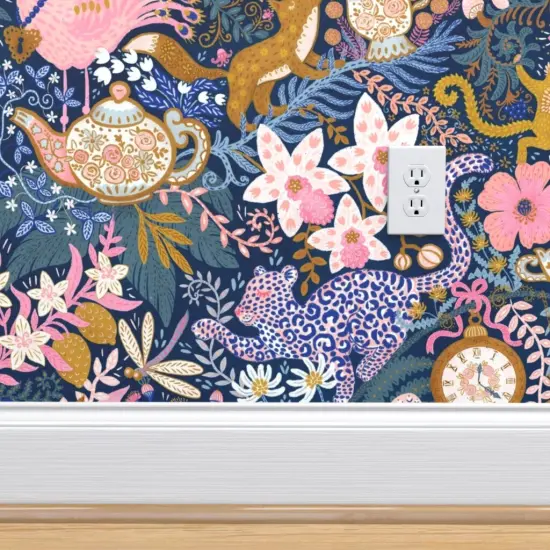 Pre-Pasted Wallpaper 2FT Wide Maximalist Tea Party Whimsical Chintz Pink Purple Mustard Swans And Flamingos Custom Pre-pasted Wallpaper by Spoonflower {4}
