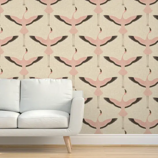 Peel & Stick Wallpaper 2FT Wide Flamingos Natural Bird Retro Birds Japanese Art Deco Flamingo Custom Removable Wallpaper by Spoonflower {5}