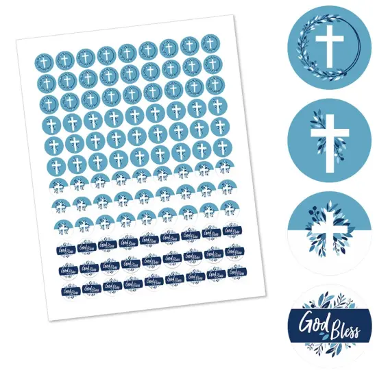 Big Dot of Happiness Blue Elegant Cross - Boy Religious Party Round Candy Sticker Favors - Labels Fits Chocolate Candy (1 sheet of 108) {3}