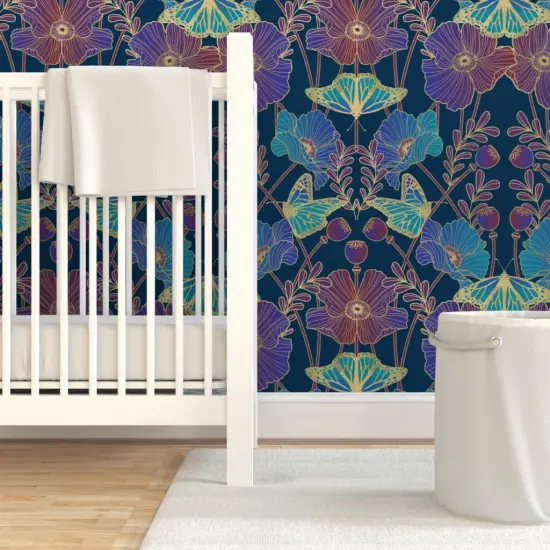 Pre-Pasted Wallpaper 2FT Wide Jewel Tone Poppies Art Nouveau Poppy And Butterfly Blue Aqua Purple Large Scale Floral Custom Pre-pasted Wallpaper by Spoonflower {7}
