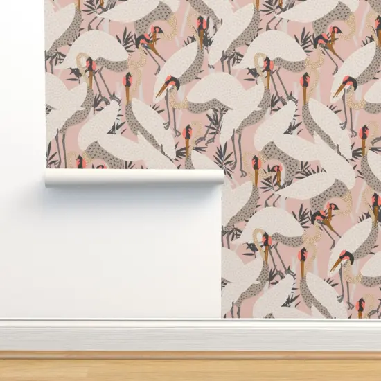 Pre-Pasted Wallpaper 2FT Wide Bird Pink White Baby Nursery Fly Flight Heron Swamp Custom Pre-pasted Wallpaper by Spoonflower {2}