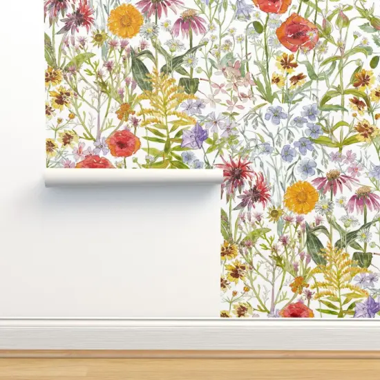 Peel & Stick Wallpaper 2FT Wide Wildflowers Green Red Floral Poppies Hand Drawn Ink Novelty Watercolor Columbine Chamomile Bee Balm Bell Flower Creeping Phlox Spider Custom Removable Wallpaper by Spoonflower {2}