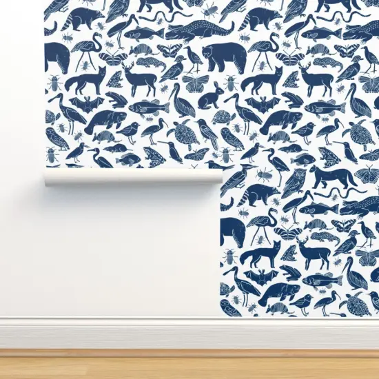 Peel & Stick Wallpaper 2FT Wide Animals Navy Blue Zoo Botanical Nursery Kids Custom Removable Wallpaper by Spoonflower {2}