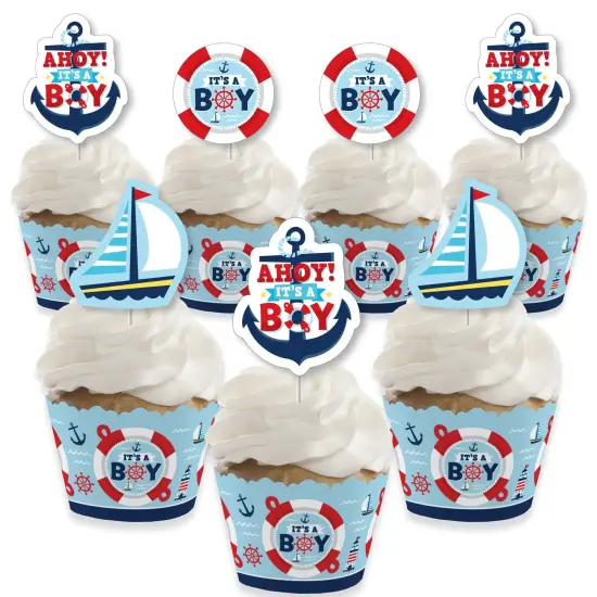 Big Dot of Happiness Ahoy It's a Boy - Cupcake Decoration - Nautical Baby Shower Cupcake Wrappers and Treat Picks Kit - Set of 24 {1}