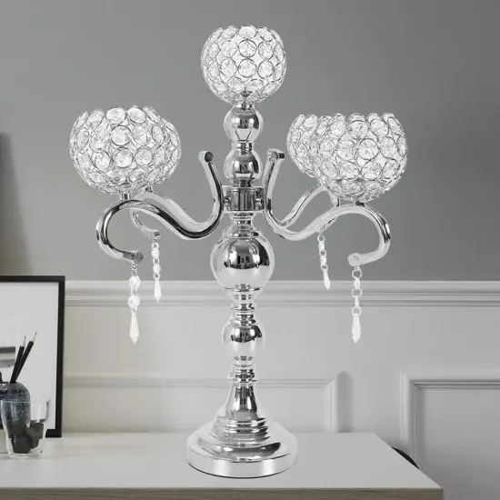 5-Arm Crystal Candelabra Wedding Candle Holder Silver {6}