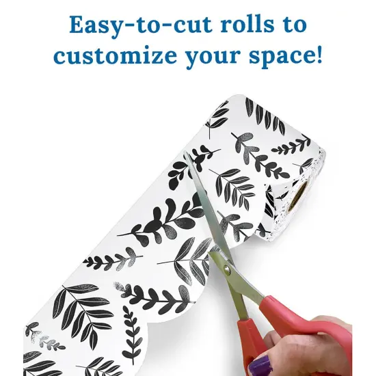 White with Black Leaves Rolled Scalloped Borders, 65 Feet Per Roll, Pack of 3 {4}