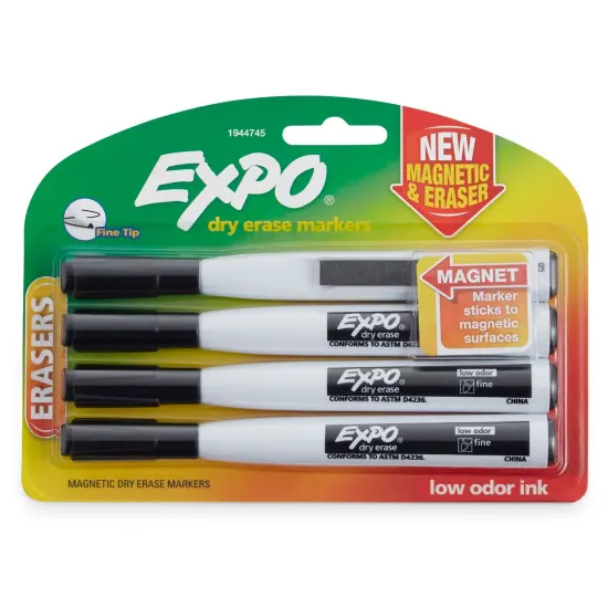 Magnetic Dry Erase Markers with Eraser, Fine Tip, Black, 4 Per Pack, 3 Packs {2}