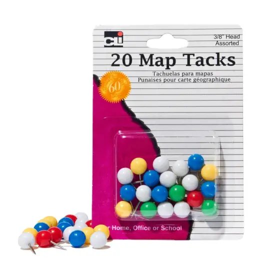 Map Tacks, 3/8 Inch Head, Assorted Colors, 20 Per Pack, 12 Packs {1}