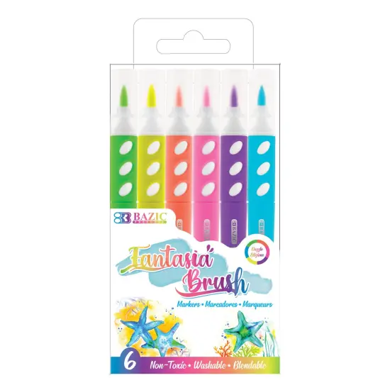 Brush Markers, Fluorescent Colors, 6 Per Pack, 12 Packs {2}