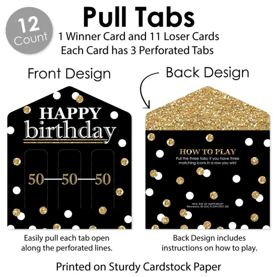 Big Dot of Happiness Adult 50th Birthday - Gold - Birthday Party Game Pickle Cards - Pull Tabs 3-in-a-Row - Set of 12 {6}