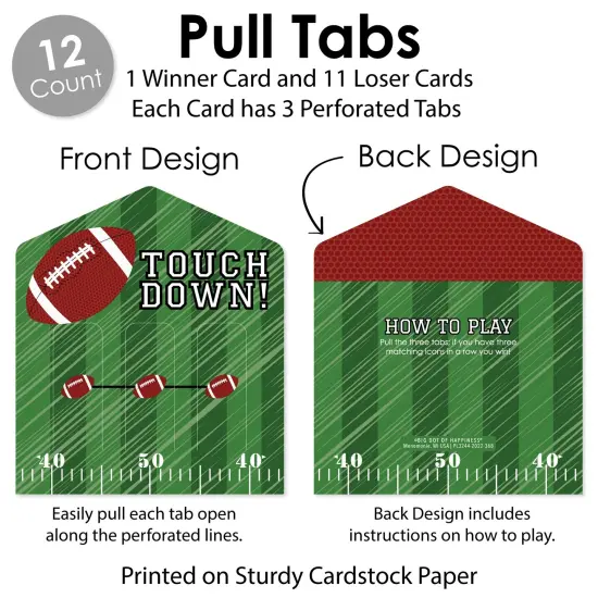Big Dot of Happiness End Zone - Football - Baby Shower or Birthday Party Game Pickle Cards - Pull Tabs 3-in-a-Row - Set of 12 {7}