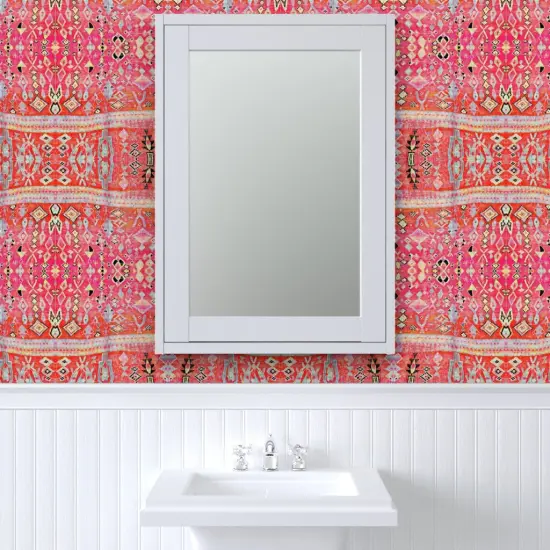 Pre-Pasted Wallpaper 2FT Wide Tropical Orange Pink Moroccan Style Turkish Inspired Kilim Boho Sunset Custom Pre-pasted Wallpaper by Spoonflower {6}