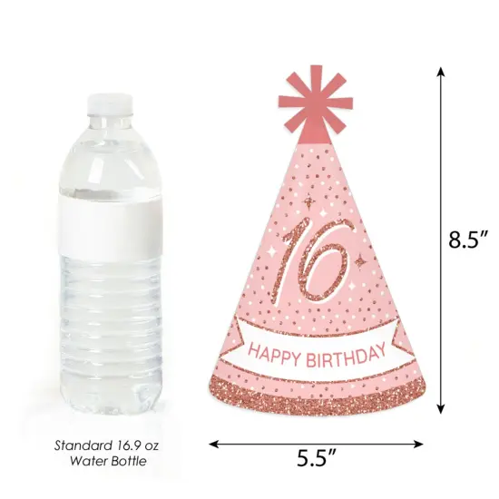 Big Dot of Happiness 16th Pink Rose Gold Birthday - Cone Happy Birthday Party Hats for Adults - Set of 8 (Standard Size) {4}
