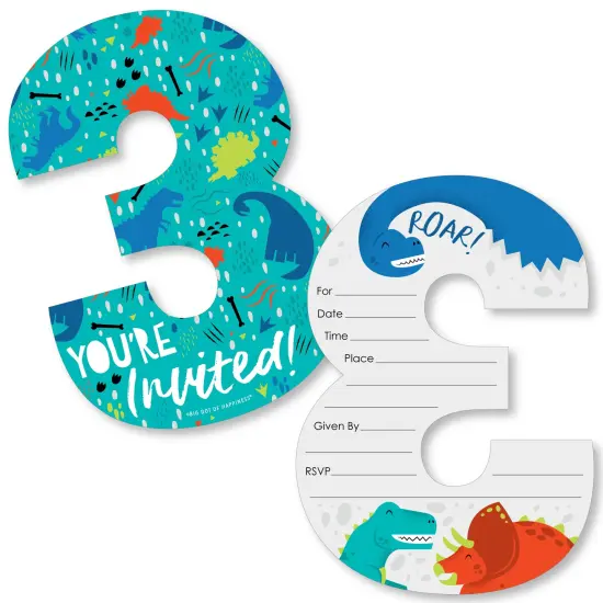 Big Dot of Happiness 3rd Birthday Roar Dinosaur - Shaped Fill-In Invites - Three Rex Dino Third Birthday Party Invitation Cards with Envelopes - 12 Ct {1}