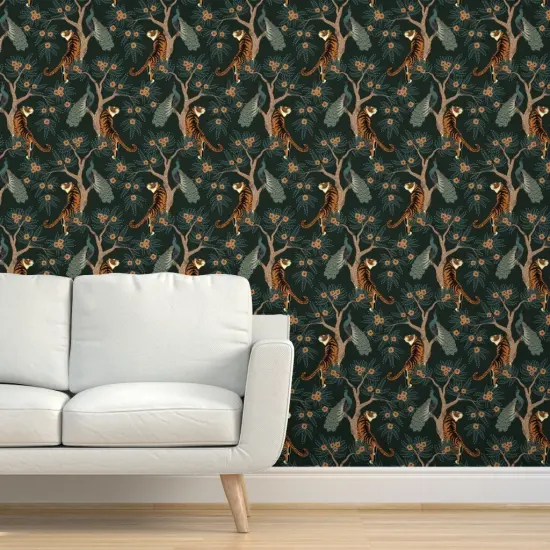 Peel & Stick Wallpaper 2FT Wide Tiger Chinoiserie Bengal Peacock Asian Inspired Dark Teal Orange Romantic Floral Victorian Custom Removable Wallpaper by Spoonflower {5}