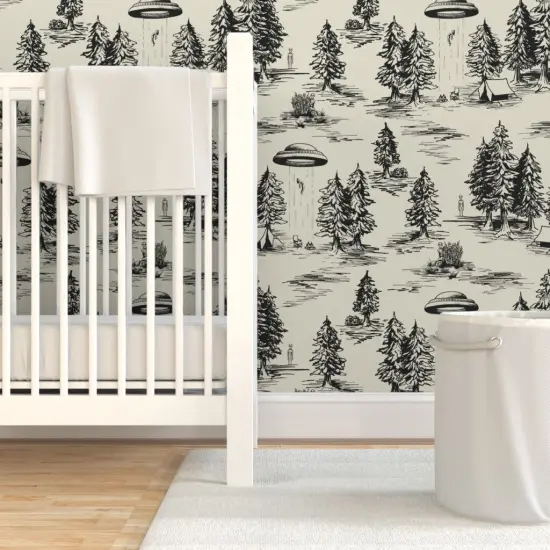 Pre-Pasted Wallpaper 2FT Wide Alien Toile Black Space Aliens Camping Ufos De Jouy Ufo Flying Saucer Abduction Saucers Objects Custom Pre-pasted Wallpaper by Spoonflower {7}