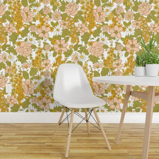 Pre-Pasted Wallpaper 2FT Wide Retro Flowers Green Orange Pink 1970s Spring Flower Power Vintage Style Custom Pre-pasted Wallpaper by Spoonflower {1}