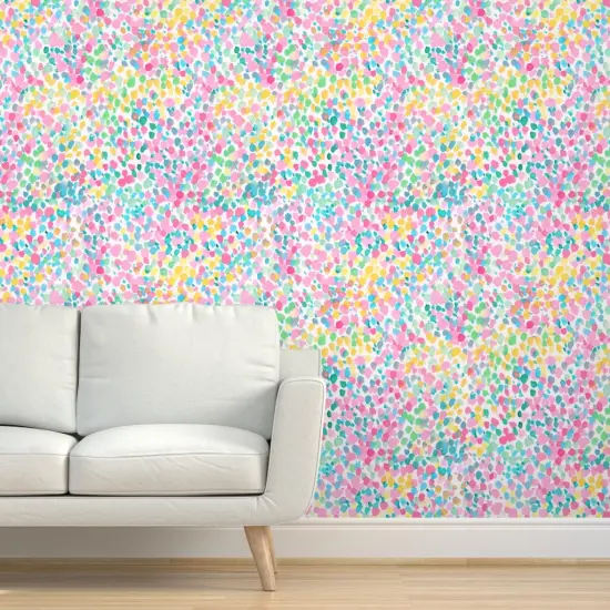 Peel & Stick Wallpaper 2FT Wide Watercolor Dots Pastel Abstract Colorful Cheerful Happy Bright Pink Yellow Blue Custom Removable Wallpaper by Spoonflower {5}