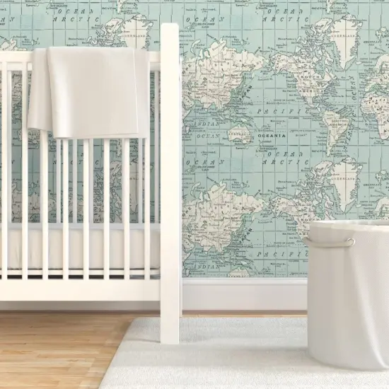 Pre-Pasted Wallpaper 2FT Wide Vintage Maps Blue And Cream World Map Geography Countries Travel Custom Pre-pasted Wallpaper by Spoonflower {7}