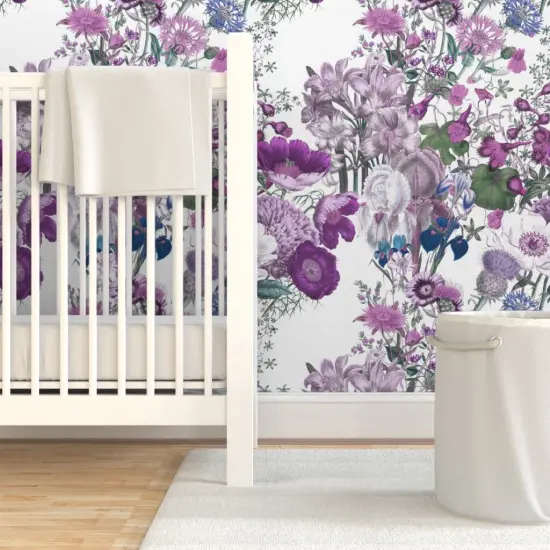 Pre-Pasted Wallpaper 2FT Wide White Lilac Lavender Floral Flowers Botanical Spring Purple Custom Pre-pasted Wallpaper by Spoonflower {7}