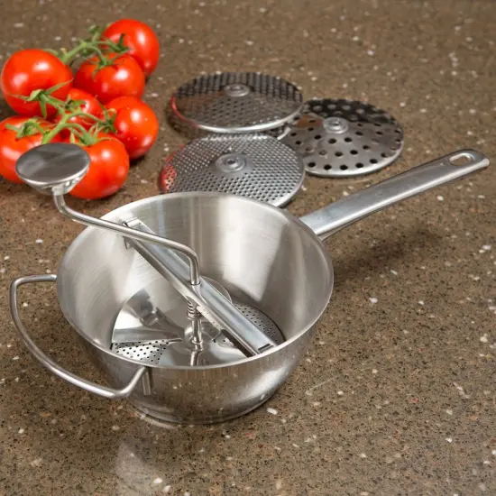 HIC Harold Import Co. Food Mill Sauce Maker and Baby Food Strainer, 4 Interchangeable Disc Blades, 18/8 Stainless Steel, 2 quart {5}
